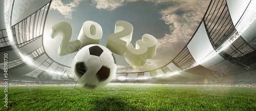 Fotografija Soccer football ball jumping on green grass of football field at crowded stadium with spotlight