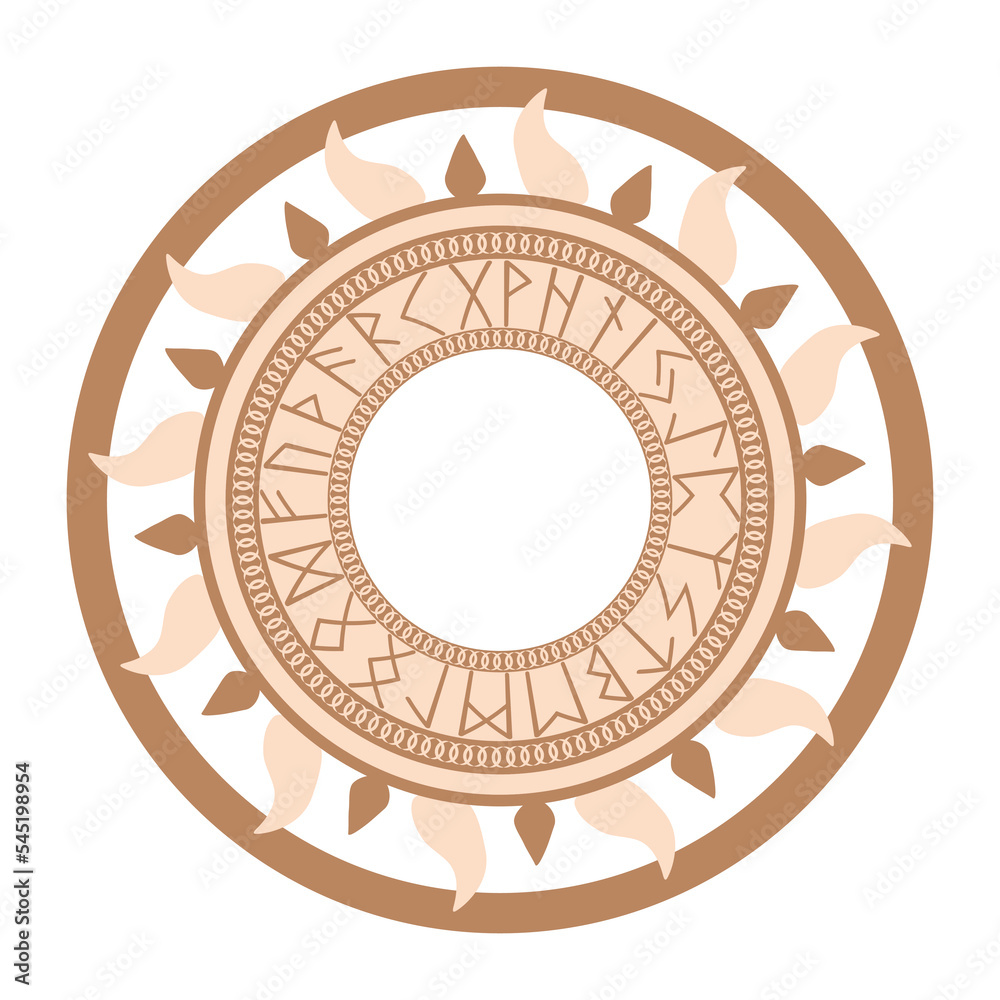 Obraz premium Runic circle, an ancient Slavic symbol, decorated with Scandinavian patterns. Beige fashion design