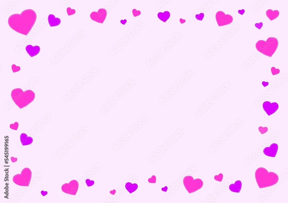 ピンクやマゼンタのハートを散りばめたフレーム背景素材。Frame background material with scattered pink and magenta hearts.