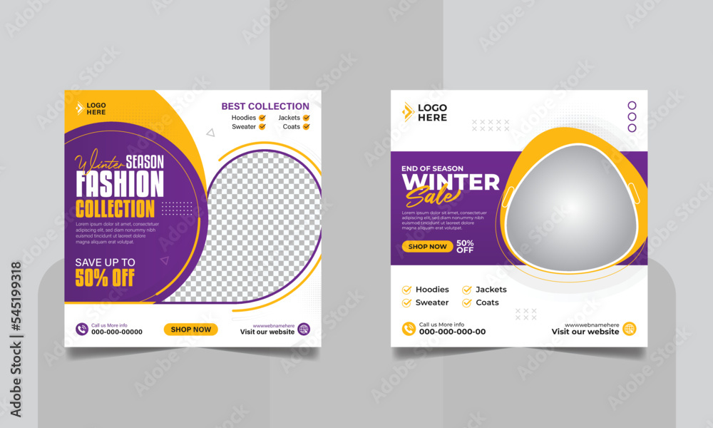 Winter Sale Social Media Post, Winter Fashion Collection Social Media Banner Square Flyer Web Banner Template Set.