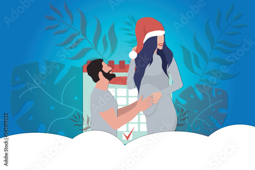 A pregnant woman in a santa hat with her husband on the background of a calendar and leaves. Conceptual illustration about motherhood and fatherhood. flat style