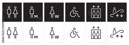 male and female toilet symbols. disabled icon. gender icon. restroom pictogram. Elevator and Escalator public signage. WC signage photo