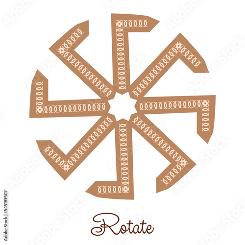 Kolovrat, an ancient Slavic symbol, decorated with Scandinavian patterns. Beige fashion design