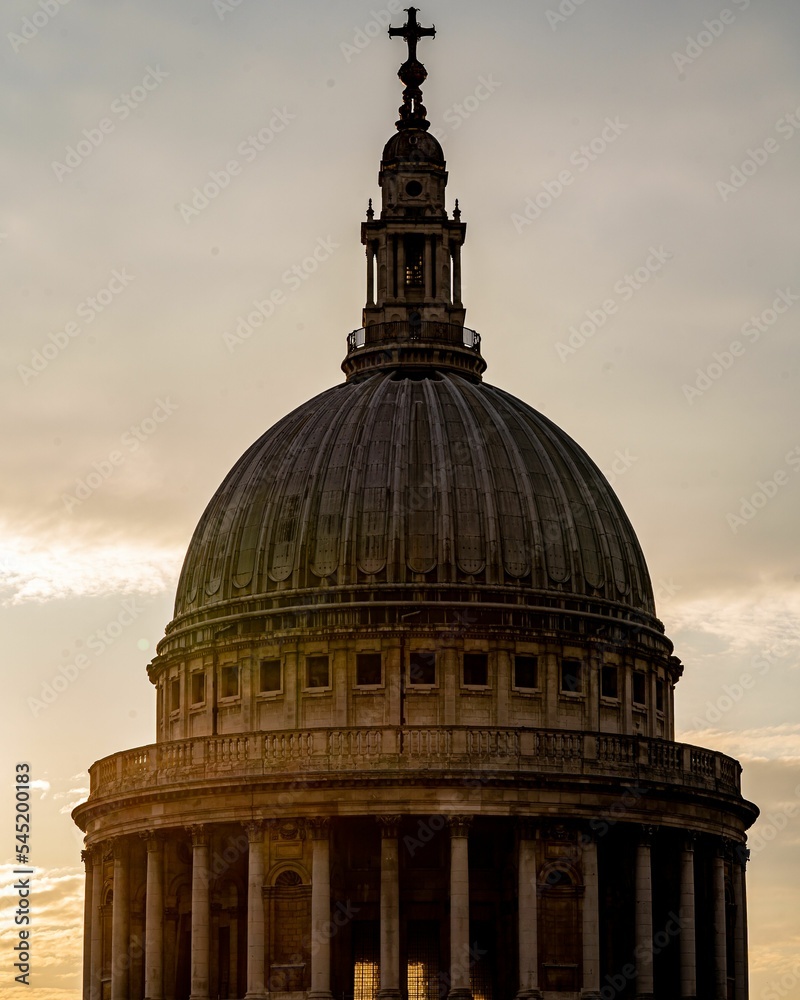 Vertical shot of the Top of St.Paul's Cathedral during the sunset