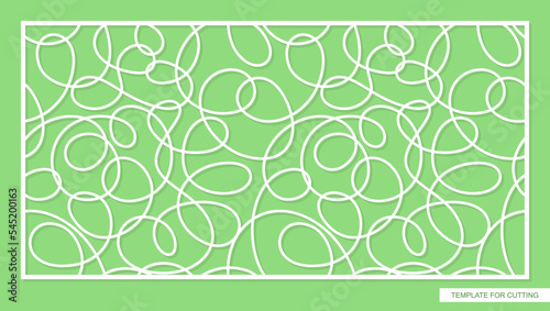 Horizontal rectangular panel with pattern of chaotic lines. Abstract geometric ornament from loops, waves, swirls. Template for plotter laser cutting of paper, metal engraving, wood carving, cnc. 