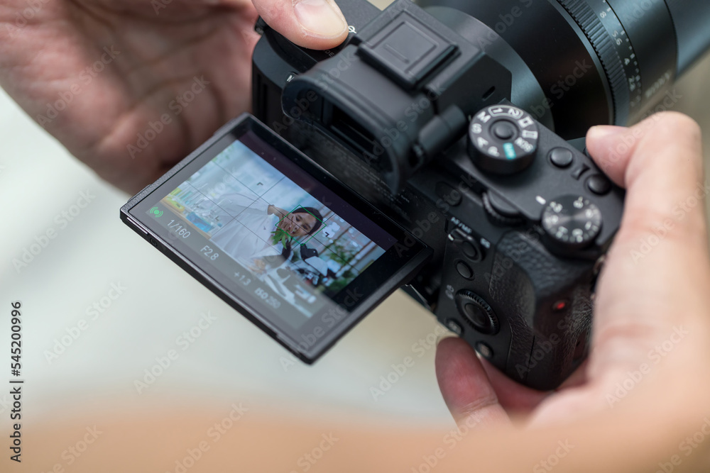 camera show viewfinder image catch model motion. catch feeling, stopped motion. camera Mirrorless function concept. camera show viewfinder image catch model motion. catch feeling, stopped motion. camera Mirrorless function concept.