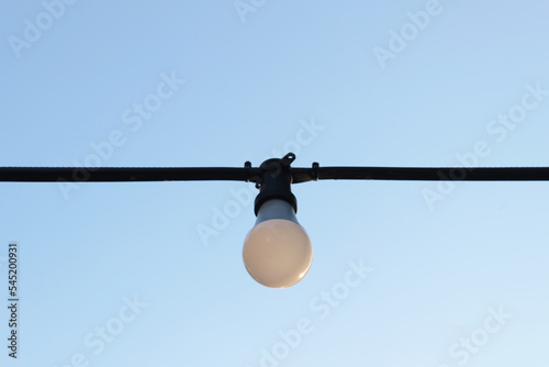 Hanging round white bulb with a natural backdrop. decorate outdoor of the house to celebrate and set the event.