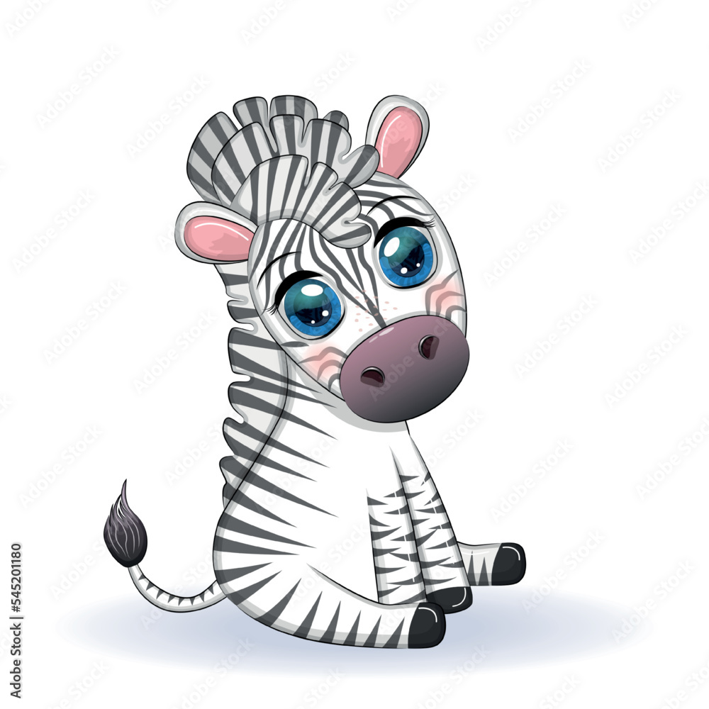 Cute cartoon zebra is sitting and waving its tail. Children's character.