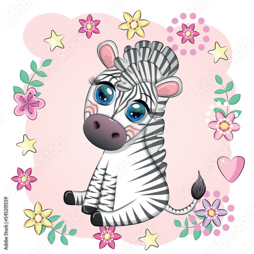Cute cartoon zebra sits in flowers. Childish striped character  African animals