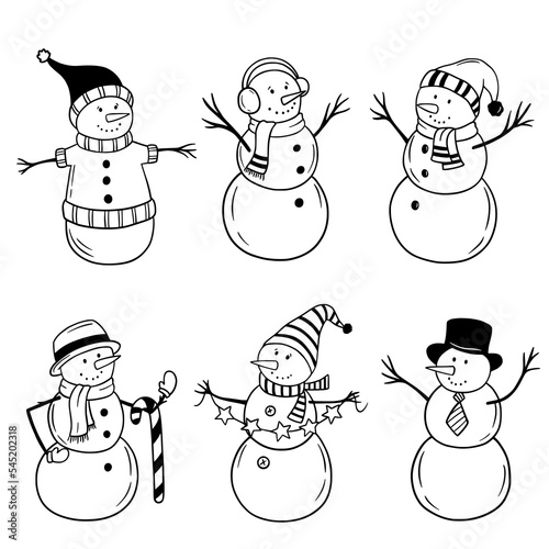 Set of winter cartoon snowman. Hand-drawn snowmen in doodle style. Christmas and New year characters. Sketch vector illustration. Good for posters, t shirts, postcards.