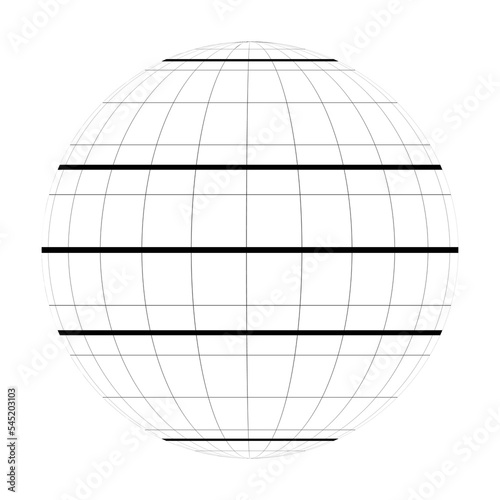 Earth planet globe grid of meridians and parallels, or latitude and longitude. Thick marked Equator, Tropic of Capricorn, Tropic of Cancer, Arctic Circle and Antarctic Circle. Vector illustration