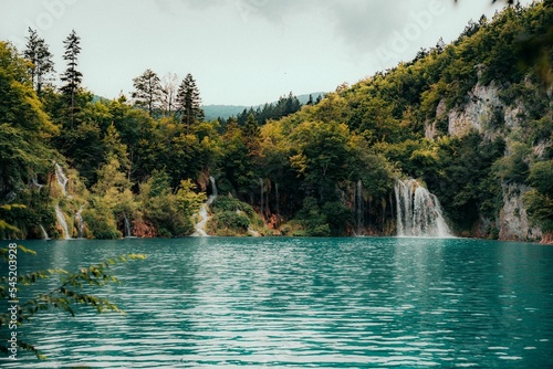 Low-angle shot of a beautiful waterfall in Plitvica  Croatia