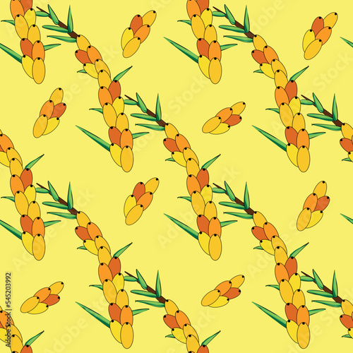 Sea buckthorn seamless pattern. Twigs with berries and leaves. Template with orange fresh berries for wallpaper
