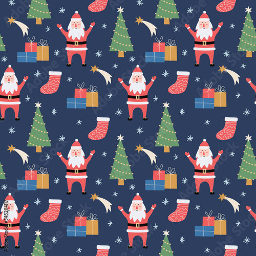 Holiday seamless pattern with Santa Claus, Christmas tree, presents and holiday decorations. Vector illustration. Winter design for scrapbooking, wrapping paper, fabric, textile.
