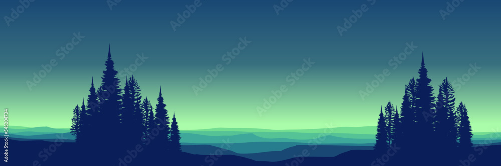 pine tree silhouette in mountain silhouette flat design vector illustration for background, banner, backdrop, tourism design, apps background and wallpaper