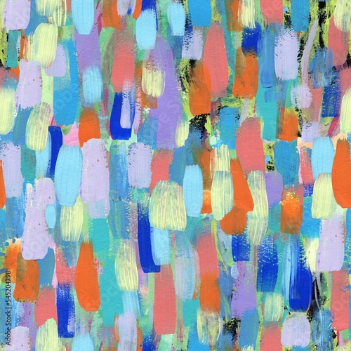 Seamless background with multi-colored textured strokes. A collage of hand-drawn acrylic paint stains. Abstract composition with yellow, green, blue, purple, orange spots. Pattern of colored paint str