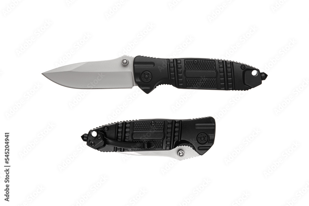 Pocket folding knife isolate on white back. Compact metal sharp knife with a folding blade. Pocket folding knife isolate on white back. Compact metal sharp knife with a folding blade.