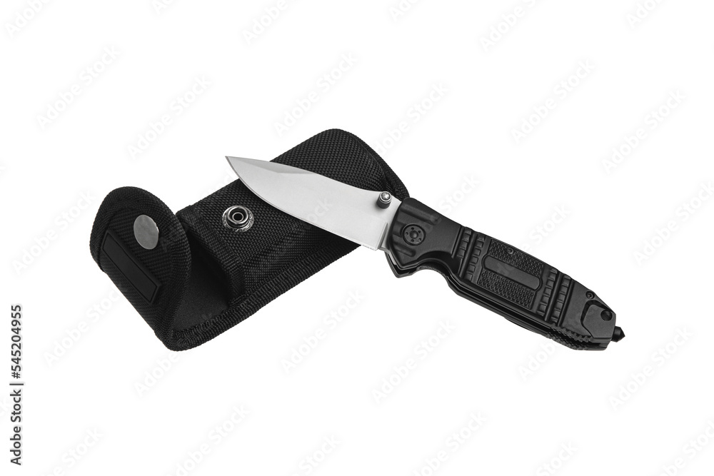 Pocket folding knife isolate on white back. Compact metal sharp knife with a folding blade. Pocket folding knife isolate on white back. Compact metal sharp knife with a folding blade.