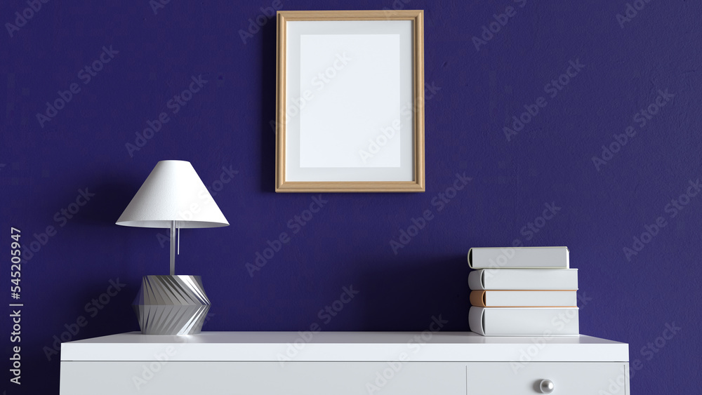 empty frame top of the study table 3d illustration, empty copy space for text or photo or quotes in living room 3d render, realistic living room illustration in 3d for advertisement or presentation 