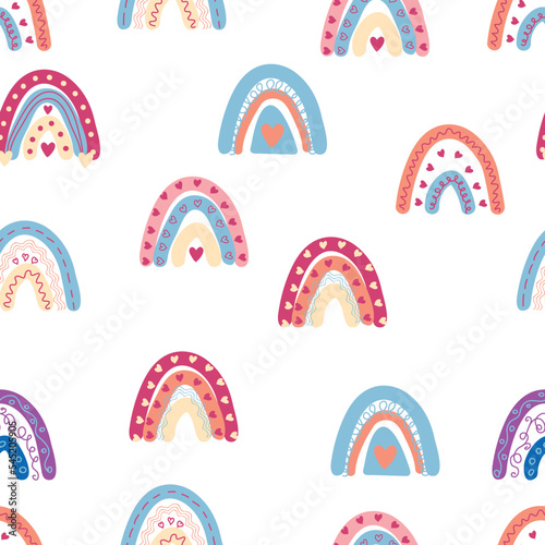 Rainbow seamless pattern in pastel colors. Scandinavian baby hand drawn illustration for textiles and newborn clothes.