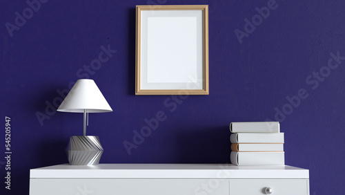 empty frame top of the study table 3d illustration, empty copy space for text or photo or quotes in living room 3d render, realistic living room illustration in 3d for advertisement or presentation  © Niteshnaagodiya