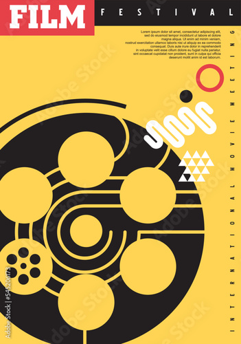 Film festival  poster design template background with camera film reel graphic. Perfect for banner, brochure, flyer, print media, publication, cover. Vector illustration on yellow background.
