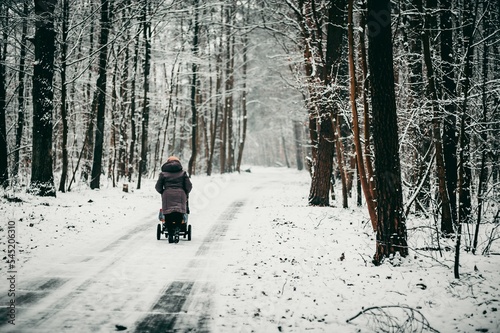 Woman walking with stroller in a forest covered with snow