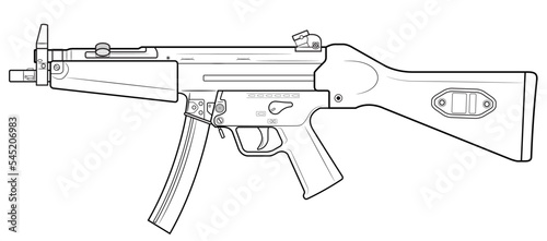Vector illustration of the MP5 machine gun with stock on the white background. Left side.