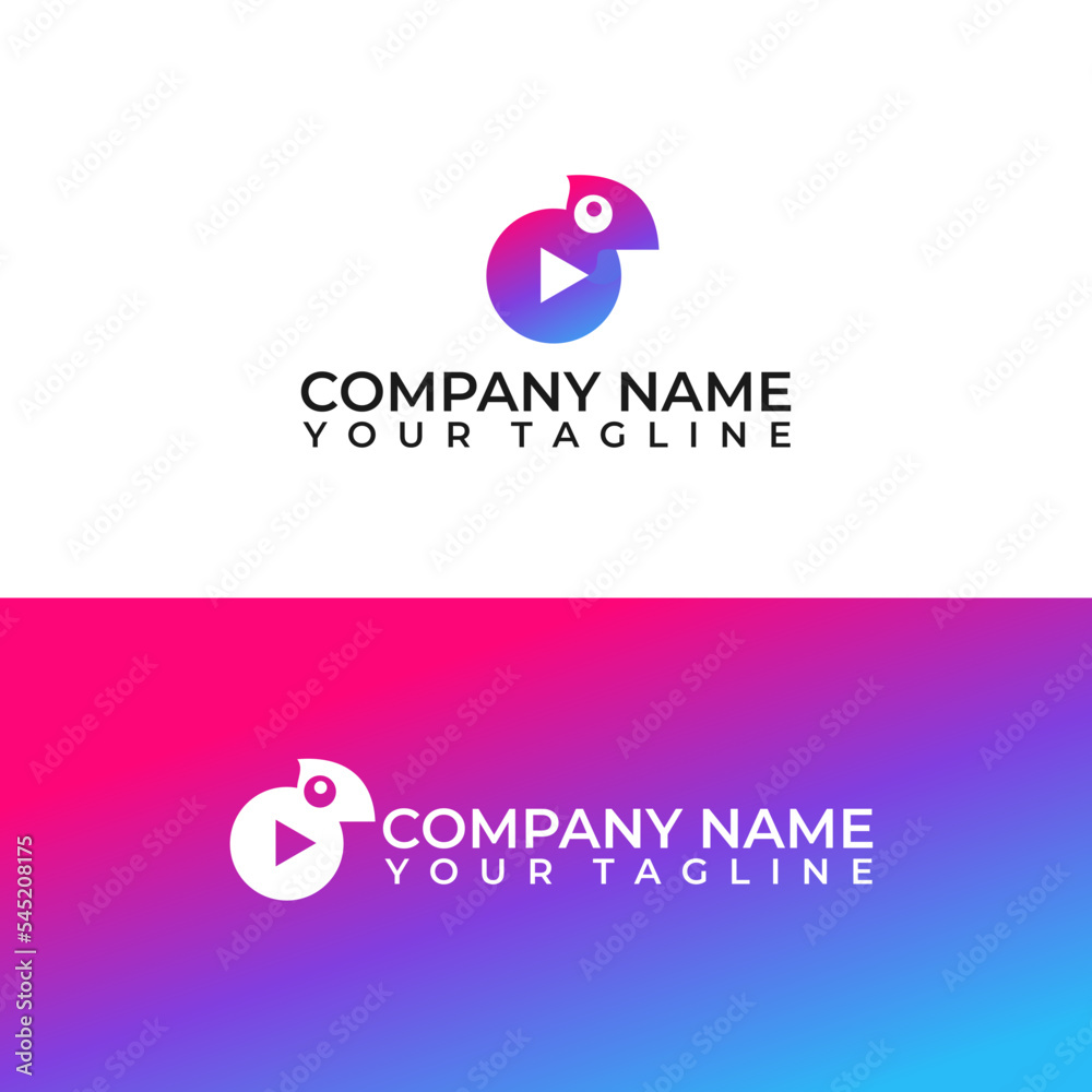 Simple Chameleon shape vector logo with play icon Simple Chameleon shape vector logo with play icon