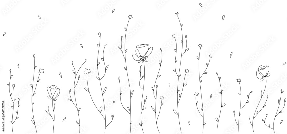 Fototapeta premium Vector linear field. Flower meadow with growing and flying leaves.