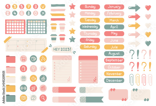 Set of cute elements for notepad, planner, day planner. To-do list, bookmarks, frames, stickers, days of the week, numbers, habit tracker, month sticker. Stickers to decorate the diary.