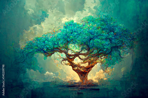 old big green tree with roots, on dry land, tree of earth and life, magic tree.Digital art, nature concept.