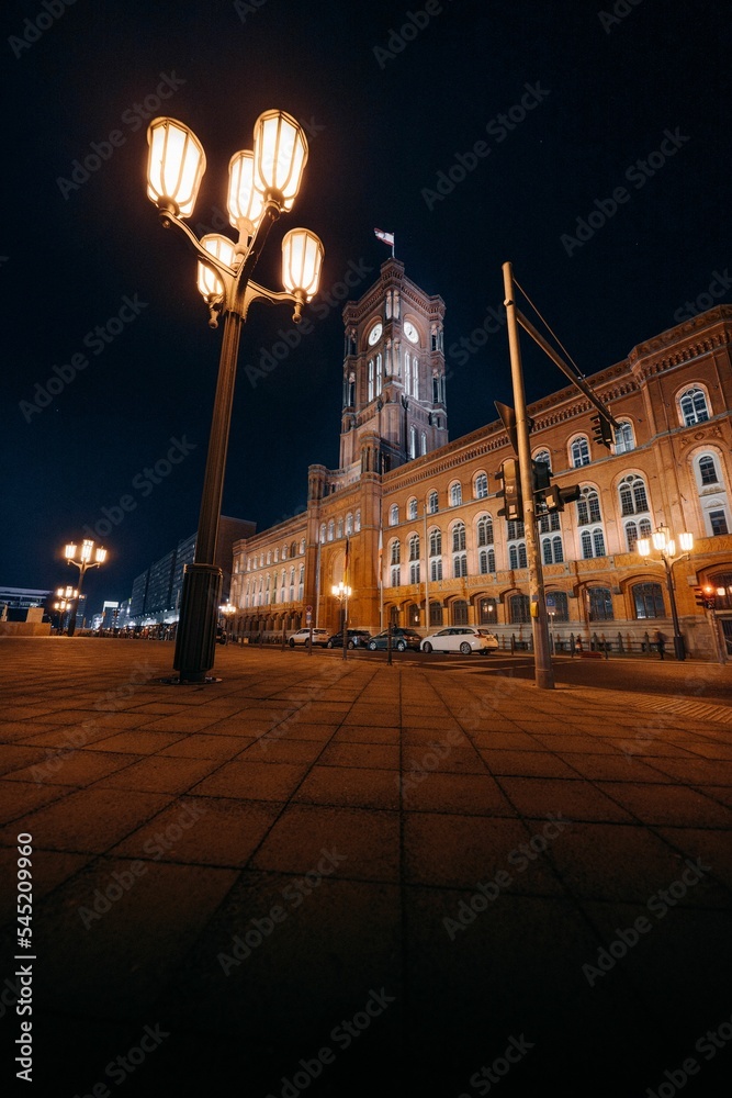 Fototapeta premium Vertical shot of Berlin, Brandenburg, Rotes Rathaus, Red City Hall, Germany at night