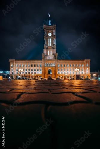 Vertical shot of Berlin, Brandenburg, Rotes Rathaus, Red City Hall, Germany at night