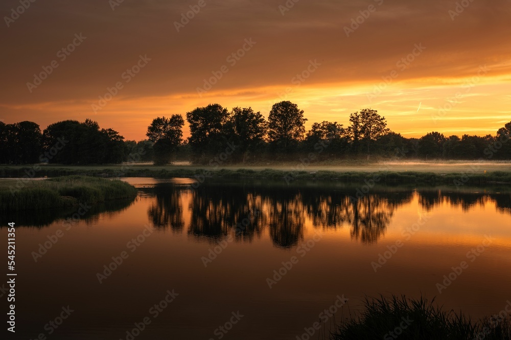 Silhouettes of trees reflecting on the water under an orange-shaded sunset sky