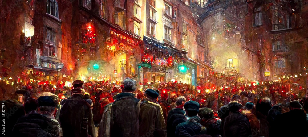 Obraz premium View of night crowded christmas in european town street, winter abstract landscape. Christmas scene. Banner header. Digital art.