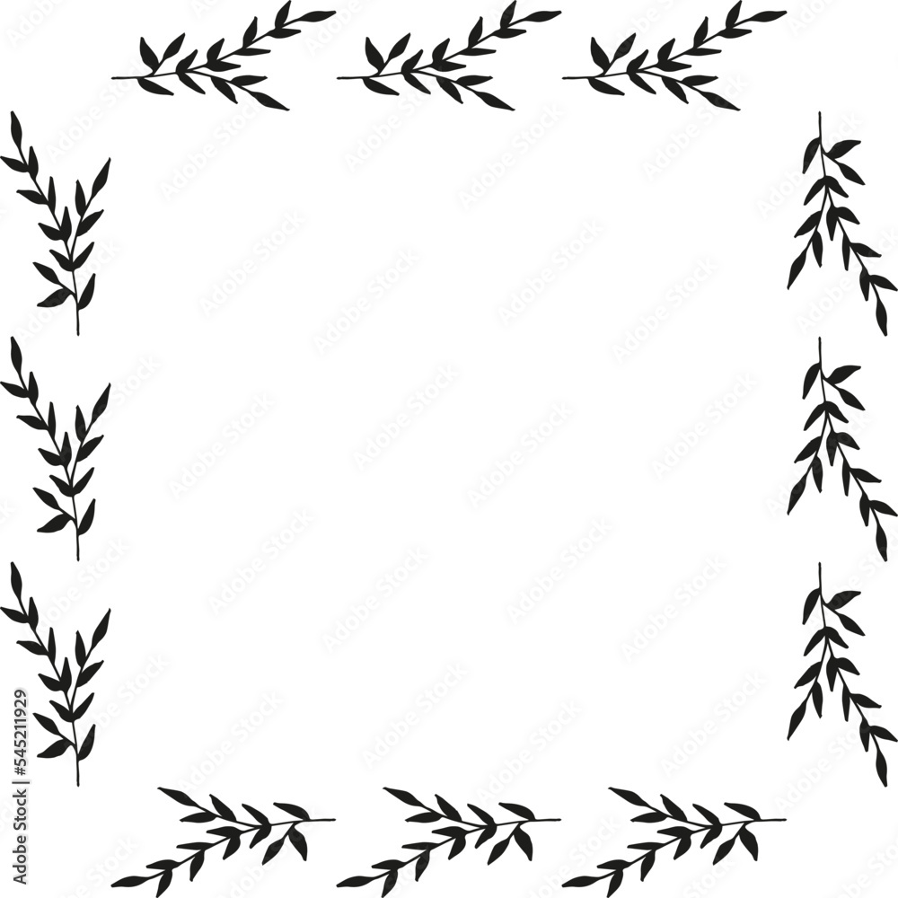 Square frame with creative black branches on white background. Vector image.