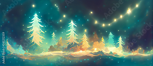 christmas decorated green spruce trees in winter forest, Abstract fantasy festive christmas tree background header wallpaper, winter abstract landscape. Sunlight in the winter forest.