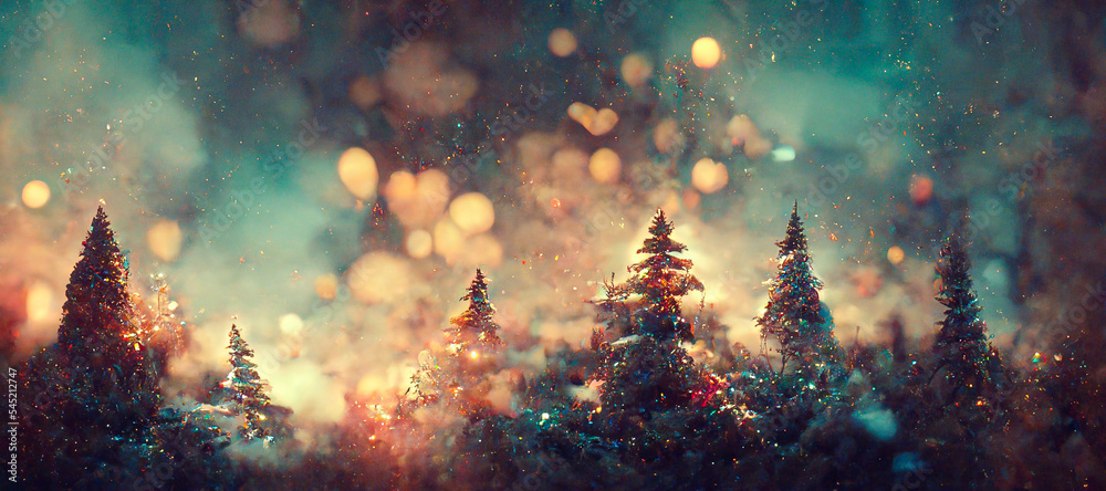 christmas decorated green spruce trees in winter forest, Abstract fantasy festive christmas tree background header wallpaper, winter abstract landscape. Sunlight in the winter forest.