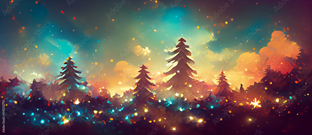 christmas decorated green spruce trees in winter forest, Abstract fantasy festive christmas tree background header wallpaper, winter abstract landscape. Sunlight in the winter forest.