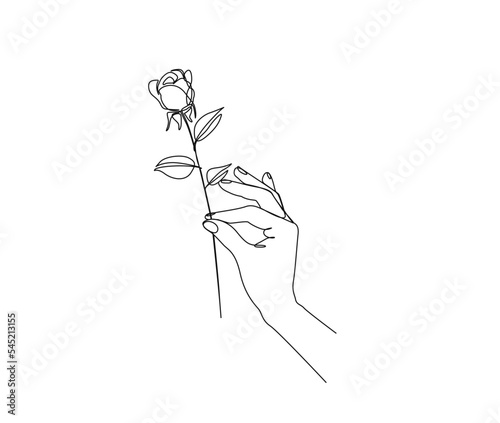 Continuous line drawing of hand holding rose. Rose flower simple line art with active stroke.