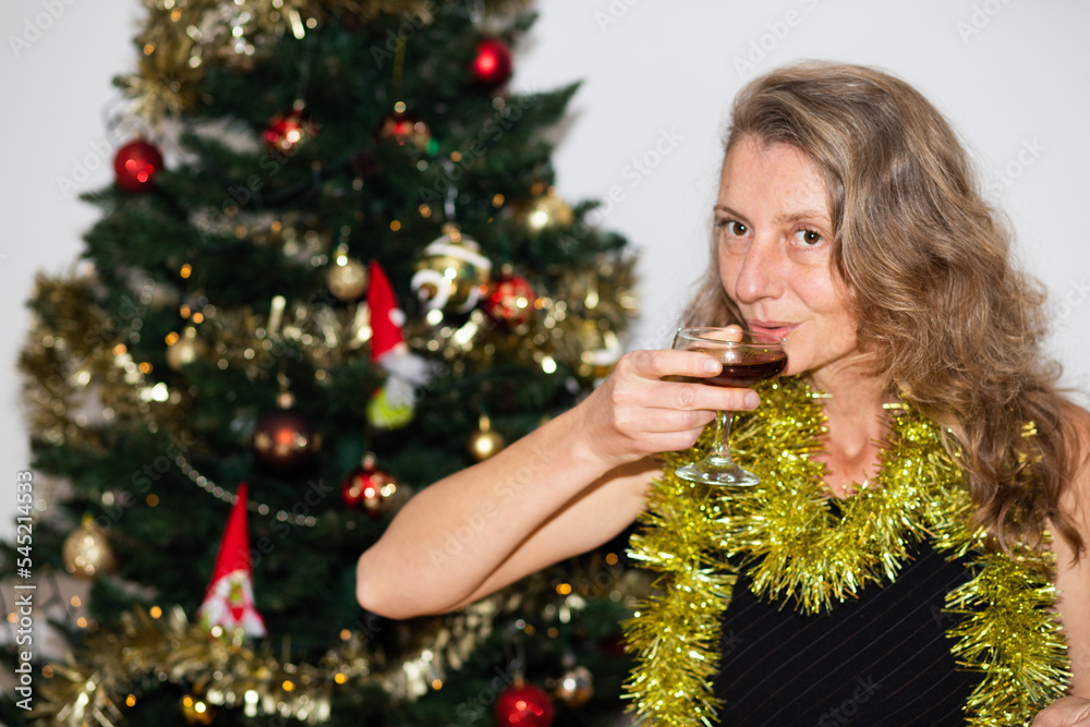 woman with Christmas garland Christmas or New Year celebration woman with Christmas garland Christmas or New Year celebration