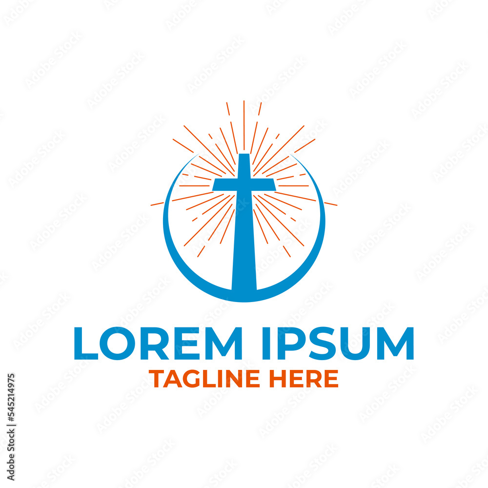 Christian cross church icon logo with round light rays. Christianity ...