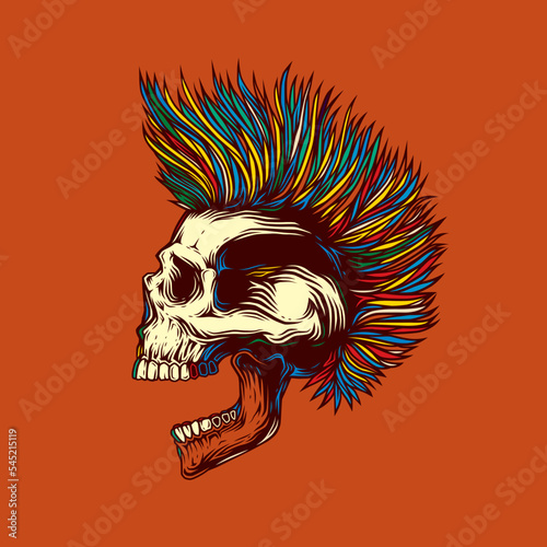 Abstract vector illustration. A skull with an open mouth and a punk rock hairstyle. T-shirt design, stickers, print.