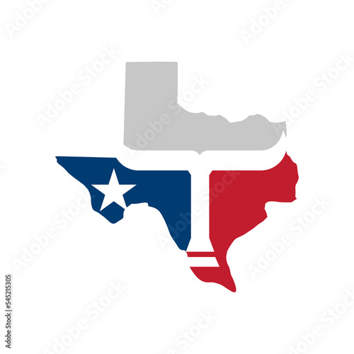 Texas state silhouette with negative space letter T with star isolated white background