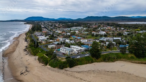 Aerial shot of the Lake Cathie with buildings nearby in New South West, Australia