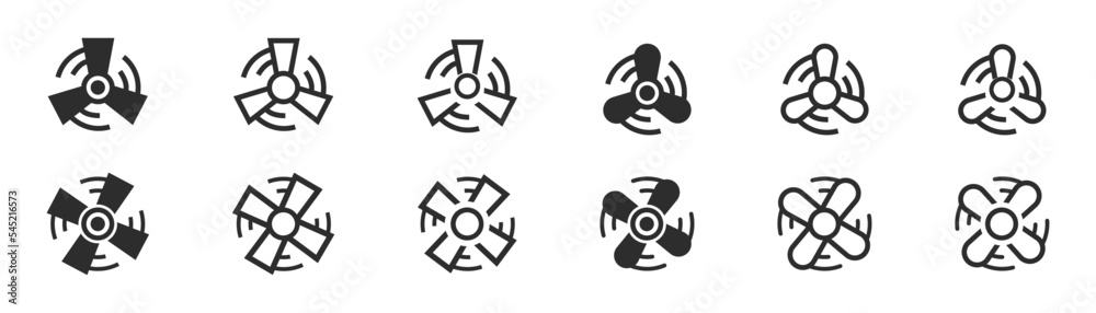 Fan icon set. Ventilator icons collection. Vector illustration. Black fan symbol collection. Fan icon set. Ventilator icons collection. Vector illustration. Black fan symbol collection.
