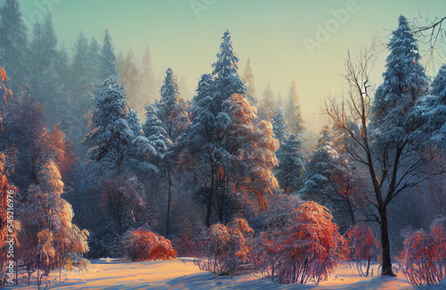 Forest during winter time, white snow and ice covering the trees, cold temperature and snowy scenery  © Musashi_Collection
