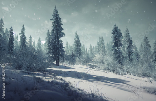 Forest during winter time, white snow and ice covering the trees, cold temperature and snowy scenery 