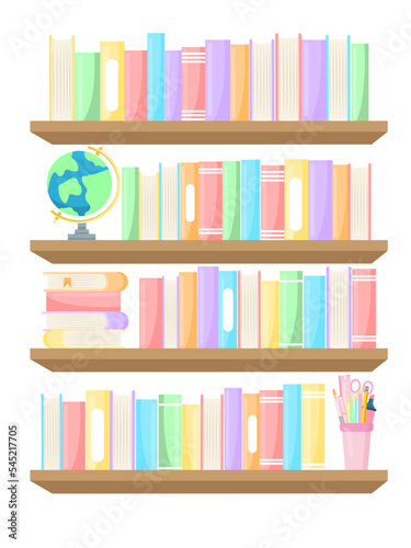 Vector cartoon image of the bookshelves of a library or bookstore. Interior design for the home and for the children's room. The concept of education and study